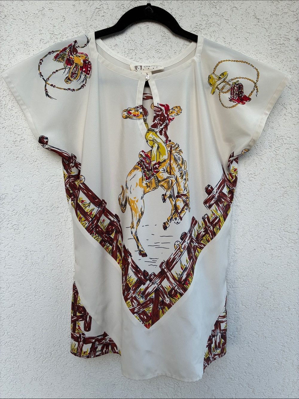 Ellie Meant Western Rodeo Print Tunic Top in Cream, Yellow & Burgundy